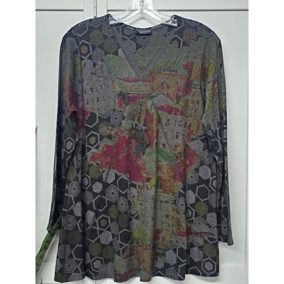 Inoah Dark Abstract City Portrait Long Sleeve V Neck Knit Pullover Top Sz Medium - Picture 1 of 6